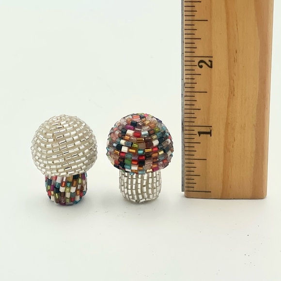 Set of 2 Minature Beaded Mushrooms on Wooden Base - Picture 4 of 5